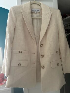 Veronica Beard Ivory Tweed Long Blazer with Gold Buttons